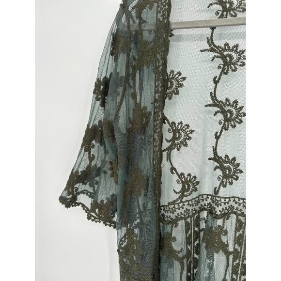 Woven Heart Kimono Duster Medium Green Sheer Embroidered Boho Whimsy Fairy - Picture 2 of 9